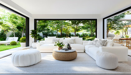 Naklejka premium Modern living room overlooking lush garden