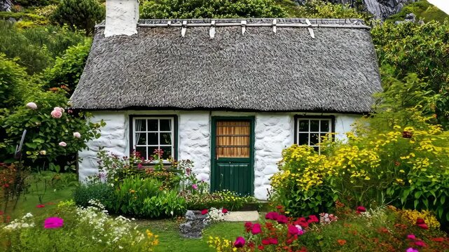 Charming thatched cottage surrounded by colorful flowers in a lush garden setting on a sunny day