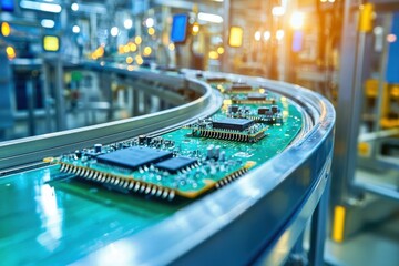 Fototapeta na wymiar Circuit boards moving on a conveyor belt in a manufacturing facility, showcasing automated production and modern technology, symbolizing efficiency and innovation in the electronics industry.