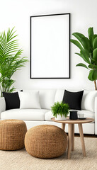 Modern living room with white couch, plants, and empty frame