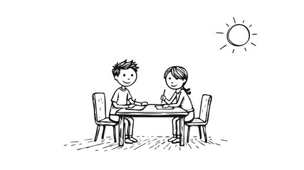 Kids drawing together at table. Girl boy art education. School projects creative learning. Simple line art white background vector illustration.