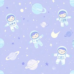 Seamless space-themed baby pattern featuring astronauts, planets, moons, and UFOs in soft blue and purple colors Generative AI