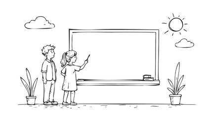 Kids near chalkboard at school. Boy girl learning teaching. Education lesson studying content. Sketch hand drawn vector illustration.