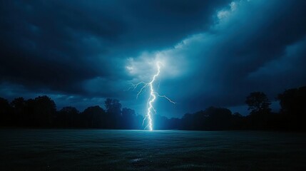 Powerful Lightning Strike Over a Field at Night