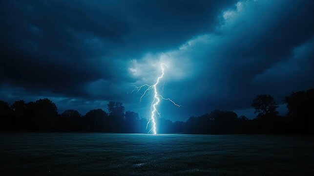 Powerful Lightning Strike Over a Field at Night