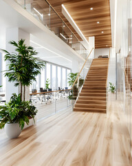 Modern office atrium staircase, wood floors, city view