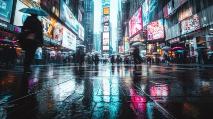 Obraz premium Crowds navigate Times Square in the rain under colorful umbrellas during a wet afternoon