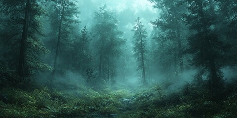 Obraz premium Enigmatic forest path shrouded in a mystical teal mist. Tall evergreens create a serene, atmospheric scene.