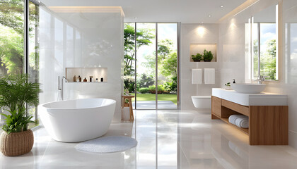 Modern white bathroom design with garden view