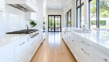 Modern white kitchen design, luxury home, sunny view