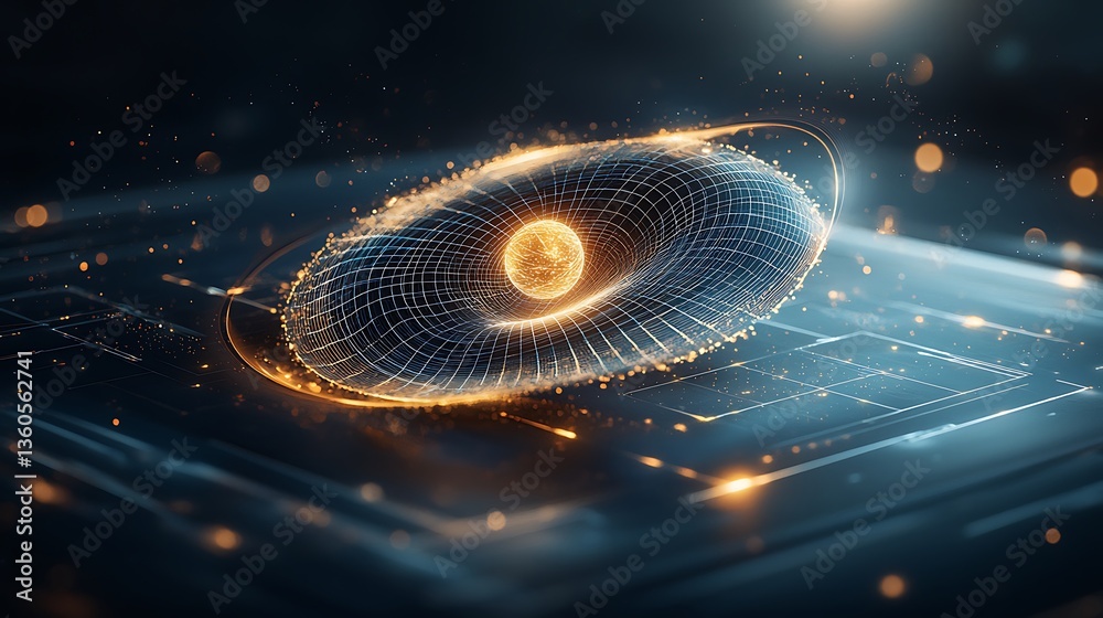 Poster abstract representation of a celestial body, possibly a planet, within a complex, glowing, digital s
