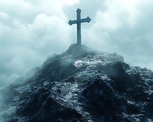 Cross atop misty mountain peak.