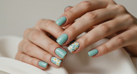 Elegant manicure with mint green nails and daisy floral design on hands for beauty and fashion concept