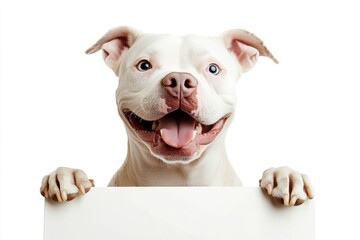 Obraz premium Isolated dog on a solid suit pure white background. Animal with banner shot. Pet posing for poster. Ð¡ute adult dog american bulldog hold in front paws a prototype - large white boulevard sig.