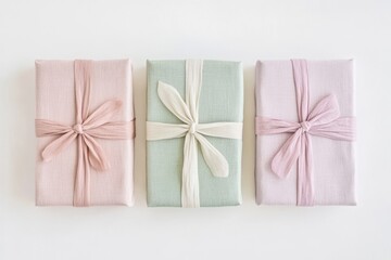 Three pastel-colored gifts tied with fabric ribbons, arranged neatly on a white background.
