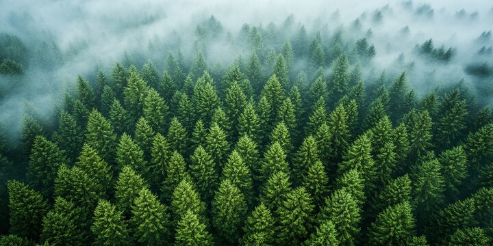 Misty morning in a lush evergreen forest.  Dense rows of pine trees create a tranquil, vibrant scene. - Powered by Adobe