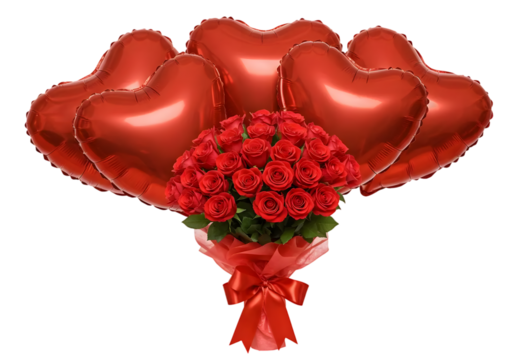 Romantic arrangement of red roses with heart-shaped balloons, perfect for Valentine's Day, anniversaries, and love celebrations featuring vibrant colors and emotions