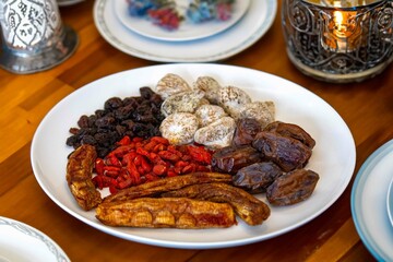 Group of dehydrated dried fruits, dates, goji berries, raisins, dried bananas and Turkish figs. Superfood