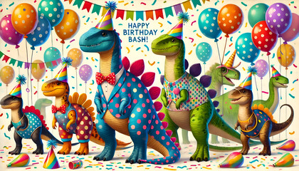 Dino birthday party: Dinosaurs dressed in polka dot outfits and party hats, ready for a fun birthday bash.
