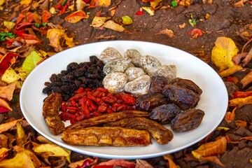 Group of dehydrated dried fruits, dates, goji berries, raisins, dried bananas and Turkish figs. Superfood