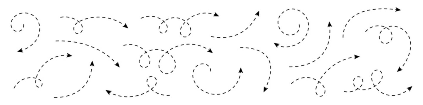 Curved dotted arrow. Collection of dashed curved hand drawn arrows. Zigzag arrow stripes design with dotted lines.