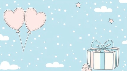 Cute heart balloons and gift box on a light blue background
