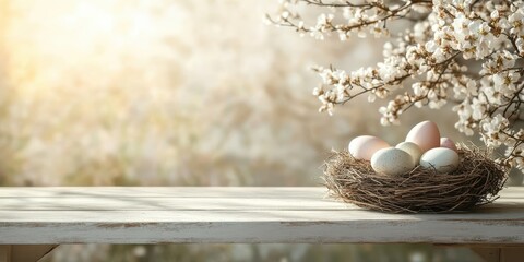 Obraz premium Elegant Spring Scene Featuring Colorful Eggs Nestled in a Natural Nest Surrounded by Delicate Blossoms Against a Soft Focus Background