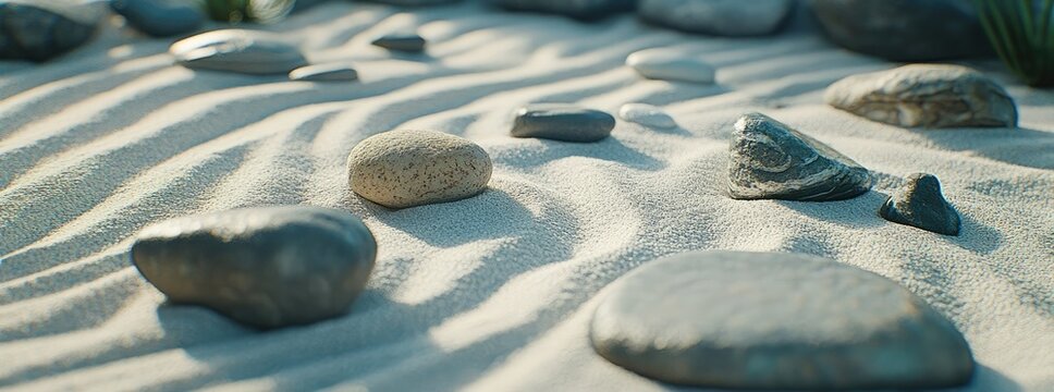 A serene Zen garden with smooth white sand and carefully placed pebbles, creating intricate Japanese pattern for relaxation and mindfulness