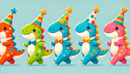Dino trio celebration: Three toy dinosaurs in playful birthday gear, walking side by side against a light blue background