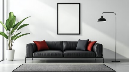 Fototapeta premium A realistic picture of a poster on a living room wall. It's a simple, modern design, the size of a standard A4 sheet. 