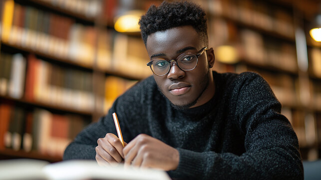 Black university student highlighting relevant phrases to learn the summary of the class lesson, memorizing key information by underlining important terms. Academic library.