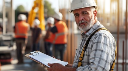 Experienced project manager overseeing construction site work with a clipboard in hand during sunny daylight hours