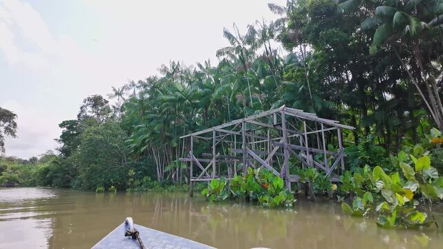 River boat tour on the Guama River at Belem do Para, a city on the north area of Brazil. Naturalistic green area by amazon forest.