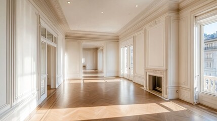 Fototapeta premium A room with white walls, wood floors, and elegant moldings. It's a luxurious design, perfect for a home or office. 