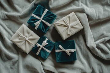 Four elegantly wrapped gifts, two teal velvet and two off-white fabric, rest on a soft gray fabric.