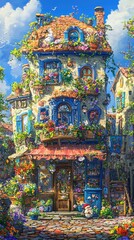 Fototapeta premium Quaint flower shop facade, sunlit European town, charming, decorative, background