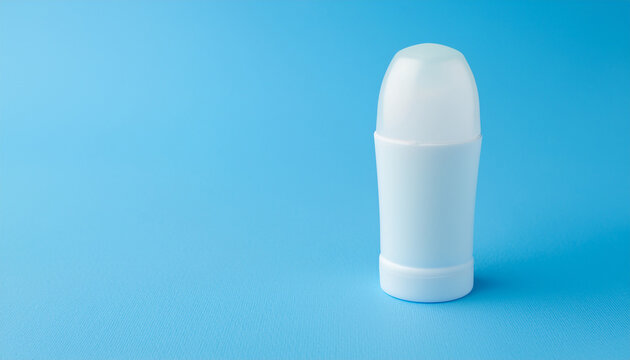 Minimalist white deodorant stick isolated on blue background. Beauty and hygiene product. Mock-up