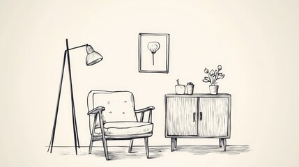A simple line drawing shows a chair, cabinet, and floor lamp.  It's a modern furniture design, easy to edit.
