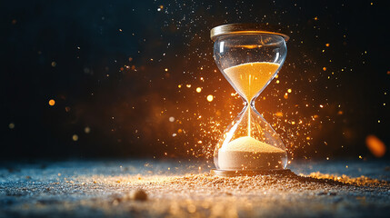 Sand exploding from the top bulb of an hourglass against a dark backdrop