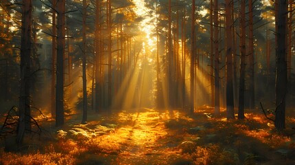 Fototapeta premium Sun Rays Shining Through Forest Trees Creating Path Illuminating Nature