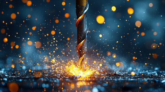 Precision drilling in action.  Sparks fly as a drill bit pierces a metal surface