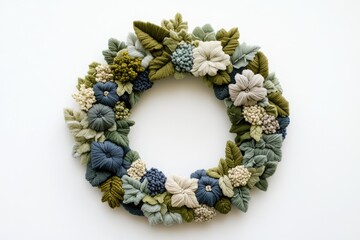 A yarn wreath adorned with meticulously crafted flowers and leaves in shades of green and blue.