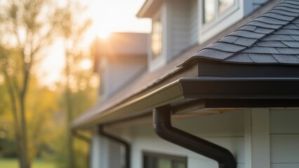 Modern House Exterior Detail: Black Gutter and Roof at Sunset