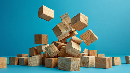 Vivid portrayal of falling wooden blocks set against a serene blue backdrop; symbolizing failure and unpredictability in an engaging and abstract manner.
