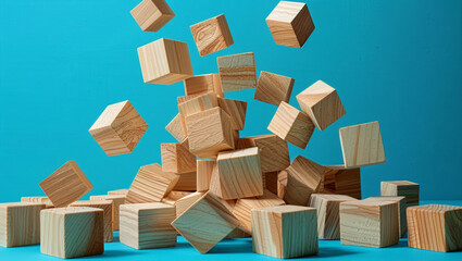 Dynamic image of colorful wooden blocks cascading down on a striking blue backdrop; an artistic interpretation of chaos and the fragility of balance.  