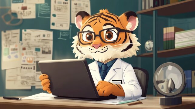 cute 2D scientist tiger that embodies his professional costume, handheld laptop