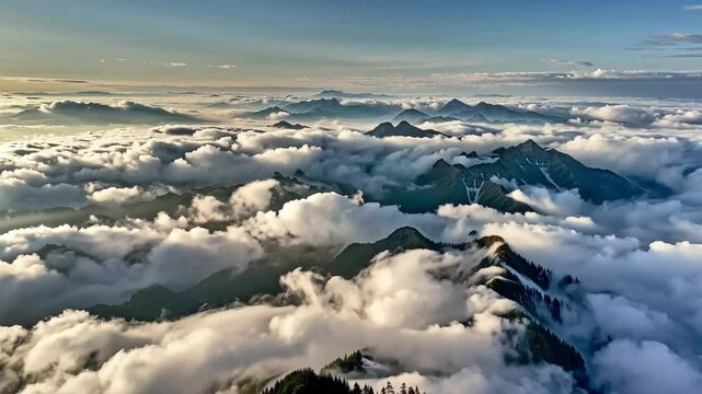 Majestic Mountain Range Covered With Rolling Clouds