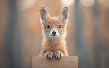 Adorable baby fox with blank sign in autumnal forest