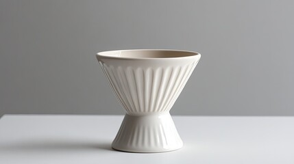 A conical coffee dripper in white ceramic with precisely grooved detailing along the inner walls