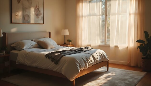 Comfy bed in a bedroom at golden hour  with messy bedding and pillows